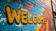 © SB4 GM - A colorful 'Welcome' sign painted on a mural wall in a creative workspace, featuring abstract shapes and warm colors, creating an inspiring and artistic atmosphere, bold and creative