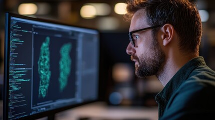 Focused Programmer Working Late on 3D Model and Code