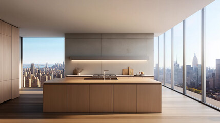 Aufkleber - Modern minimalist kitchen overlooking new york city skyline