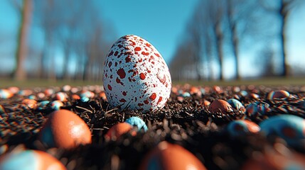 Wall Mural - Speckled egg stands out in park, Easter