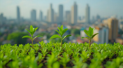 Poster - Urban Greenery Saplings sprout on rooftop, city skyline backdrop