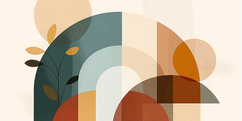 Aufkleber - Abstract geometric composition featuring interlocking shapes and warm colors with plant