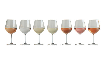 Row of wine glasses showing different wine types on transparent background