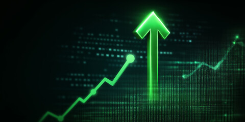 Poster - Green arrow pointing up representing positive financial growth trend on digital background