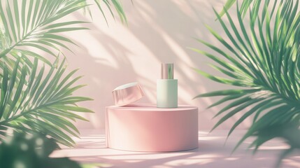 Wall Mural - pink aesthetic beauty product mockup with tropical leaves