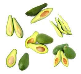 Wall Mural - Fresh avocado fruits isolated on white, set. Top view