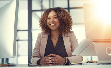 Aufkleber - Happy, business woman and thinking with computer for corporate vision, ambition or career opportunity at office. Female person, accountant or employee with smile or technology for company development