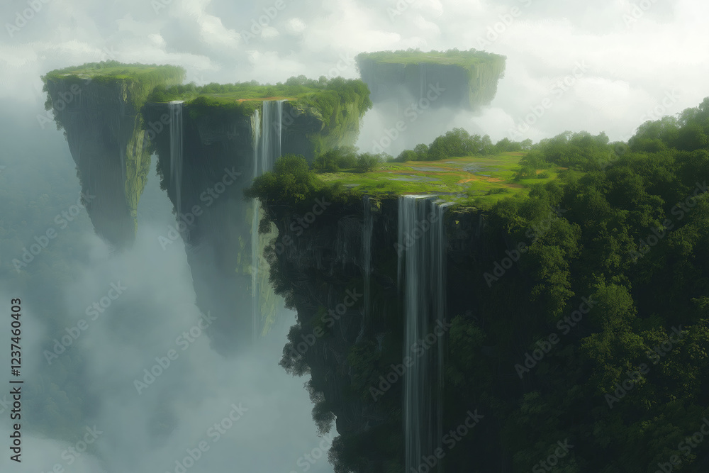 Floating Islands with Waterfalls in Misty Landscape Stock Illustration ...
