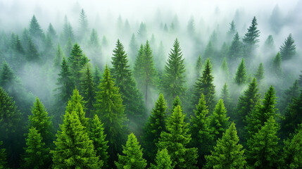  Misty landscape with fir forest. Misty pine forest during sunrise