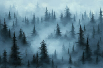 misty landscape with fir forest. misty pine forest during sunrise