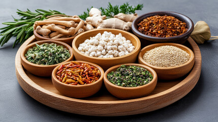 Canvas Print - Fresh and dried herbs and spices arranged in bowls on wooden tray