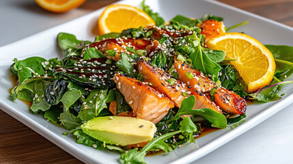 Poster - vibrant salad featuring salmon, greens, and citrus slices, garnished with sesame seeds