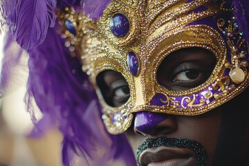 Close-up of person wearing ornate purple and gold Mardi Gras mask.