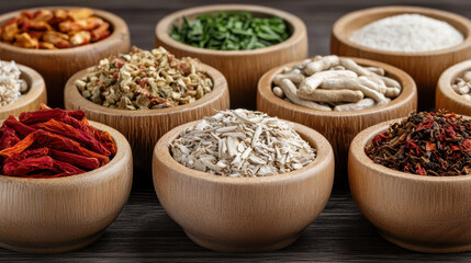 Wall Mural - collection of dried herbs and spices in wooden bowls, showcasing vibrant colors and textures