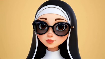 Wall Mural - Cartoon nun character of a nun wearing stylish sunglasses against a plain yellow background