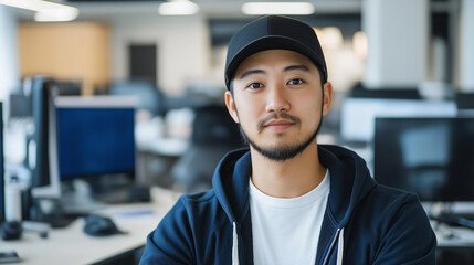 Leinwandbilder - Portrait of confident asian programmer working in modern office: software development success