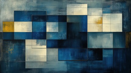 Wall Mural - A modern, sleek pattern with geometric shapes and lines in shades of grey, blue, white, and black. The design is composed of multiple squares arranged to create an abstract grid-like structure.