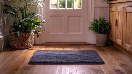 Wall Mural - A small rectangular floor mat placed in the entry welcoming doorway with wood grain flooring, white walls and white door with wooden cabinets on one side and potted greenery over again.