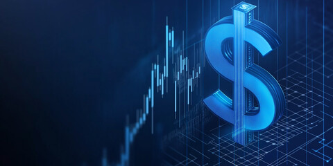 Poster - Dollar sign increasing with growing graph showing financial success in futuristic digital environment