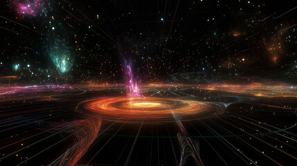 Stunning Visualization of a Black Hole Radiating Energy Through a Cosmic Landscape of Stars and Galaxies. Generative AI
