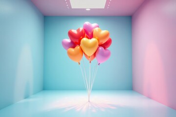 Wall Mural - a cluster of heart-shaped balloons in vibrant hues, arranged in a minimalist room with pastel walls,