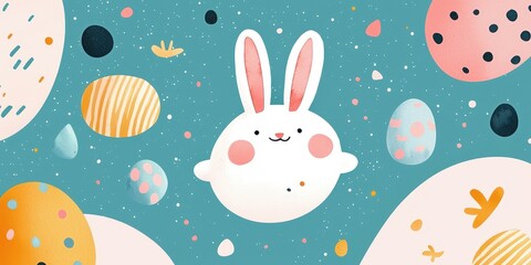 Wall Mural - Cute bunny surrounded by colorful Easter eggs and planets. Easter day illustration.