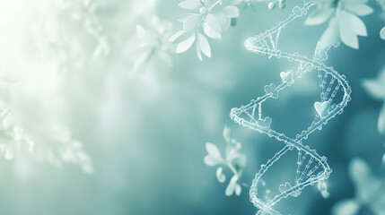 DNA helix with blooming flowers, representing life and genetics.
