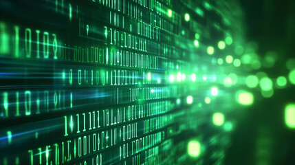 abstract green binary code with glowing lights technology background