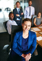 Aufkleber - Woman, happy and portrait in office with team, business meeting and about us with confidence. Leadership, professional or employees in agency with diversity, company development or mentor in workshop