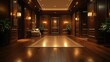 © novitasary - Opulent Grand Hallway Interior Design: Rich Wood Paneling, Polished Floors, and Elegant Lighting