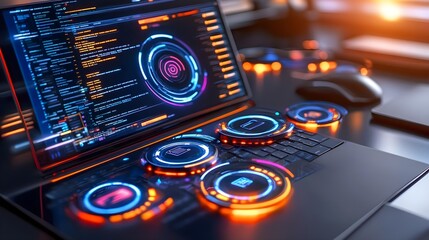 futuristic tech laptop, neon ui, code - futuristic technology