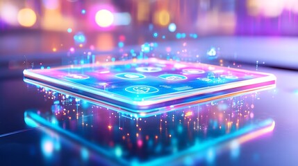 futuristic tablet interface, neon glow - neon