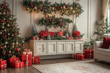 Wall Mural - Christmas decorations on white cabinet with green tree and red gift boxes, garland hanging from ceiling, cozy holiday atmosphere with warm colors and bright light.