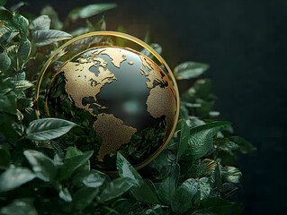 Sticker - Gold Globe in Lush Greenery; Environmental Concept