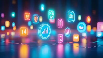 neon app icons, digital tech background - neon and glowing effects
