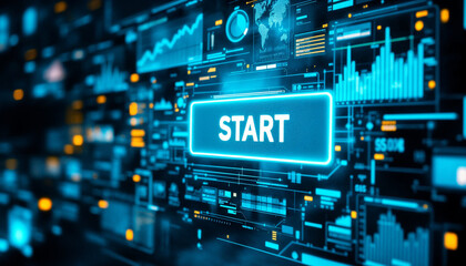 button with text START at virtual interface of a large transparent futuristic screen with buttons, graphs and infographics