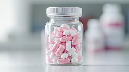 Wall Mural - Pink and white pills in glass jar, lab background, healthcare