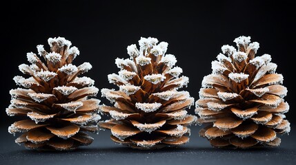 Wall Mural - Three frosted pine cones on dark background; winter holiday decoration