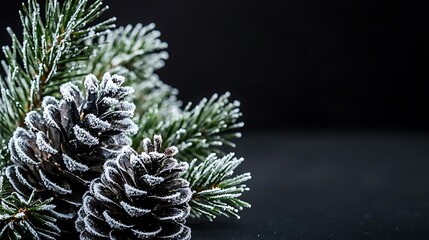 Sticker - Frosty pine cones and branches on dark background, winter holiday card