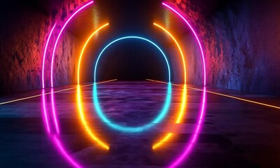 Wall Mural - Vibrant neon-lit tunnel with colorful arcs reflecting on a polished floor, creating a futuristic ambiance