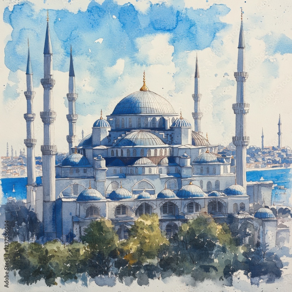 Stunning watercolor painting of the iconic Blue Mosque in Istanbul ...