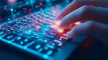 glowing keyboard, typing hands, digital tech - futuristic technology