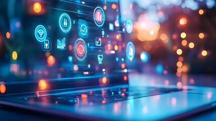 digital data analytics laptop screen - futuristic technology