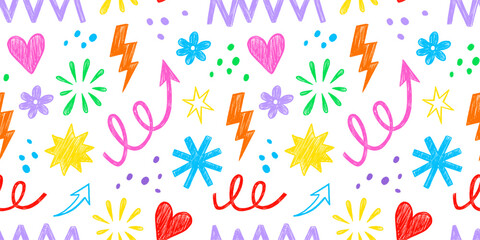 Aufkleber - Pencil crayon kid seamless pattern child fun shape squiggle confetti background. Hand drawn color crayon background fun scribble shape. Circle, confetti, flower seamless pattern vector illustration