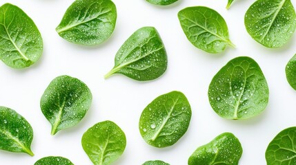 Wall Mural - Fresh spinach leaves pattern, white background, healthy food