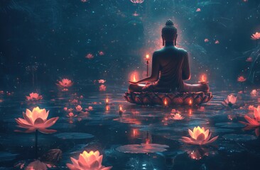 Wall Mural - Buddha surrounded by lotus flowers, illuminated by soft neon lights, creating an ethereal and dreamy atmosphere