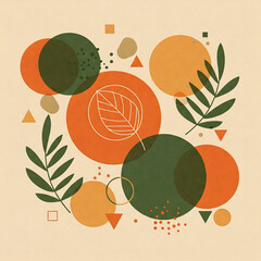 Wall Mural - illustration of an abstract colorful background. Abstract art with orange, green circles, leaves, and geometric shapes on beige background.