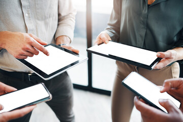 Poster - Business people, hands or tablet screen with phone for meeting, data sync or network app at office. Closeup, group or team with technology display or mockup space for platform, research or connection
