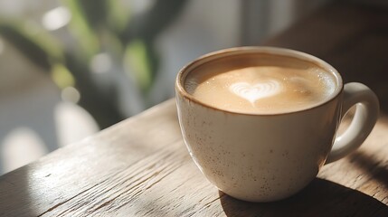 Aufkleber - Cozy morning sunlight on a cappuccino cup with heart latte art on wooden table : Generative AI
