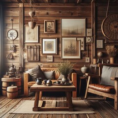 Wall Mural - Modern living room with wooden floor, framed art and stylish rustic  wooden furniture in a cozy home